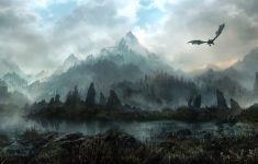 landscapes elder scrolls skyrim fantasy dragons flight mountains sky